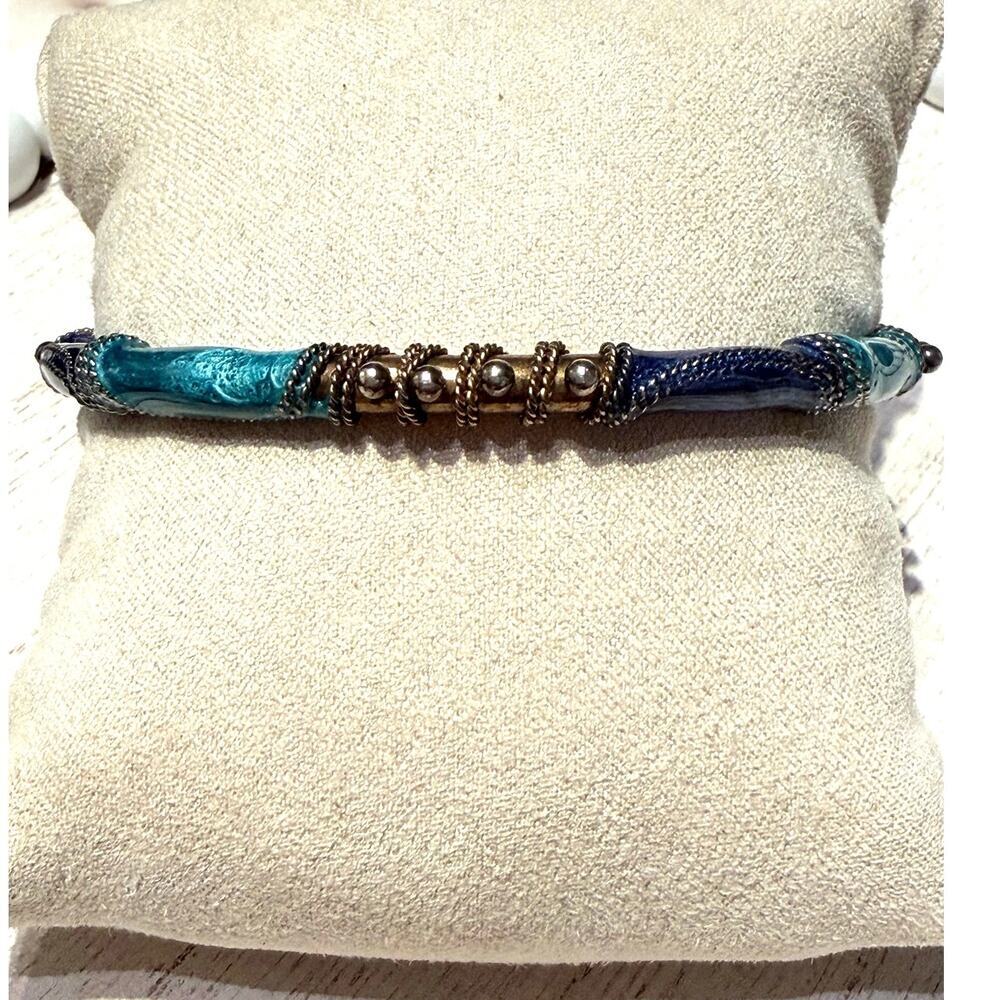 Blue & Silvertone Patterned Bangle – Boho Style - Picture 3 of 4